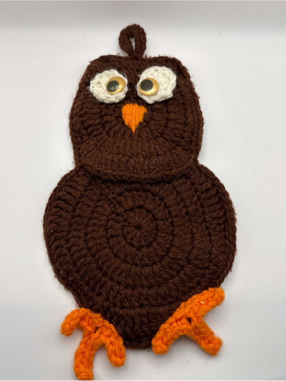 Vintage MCM Crocheted Owl Hot Pad Potholder Wall Hanging Brown 12” Googly Eyes